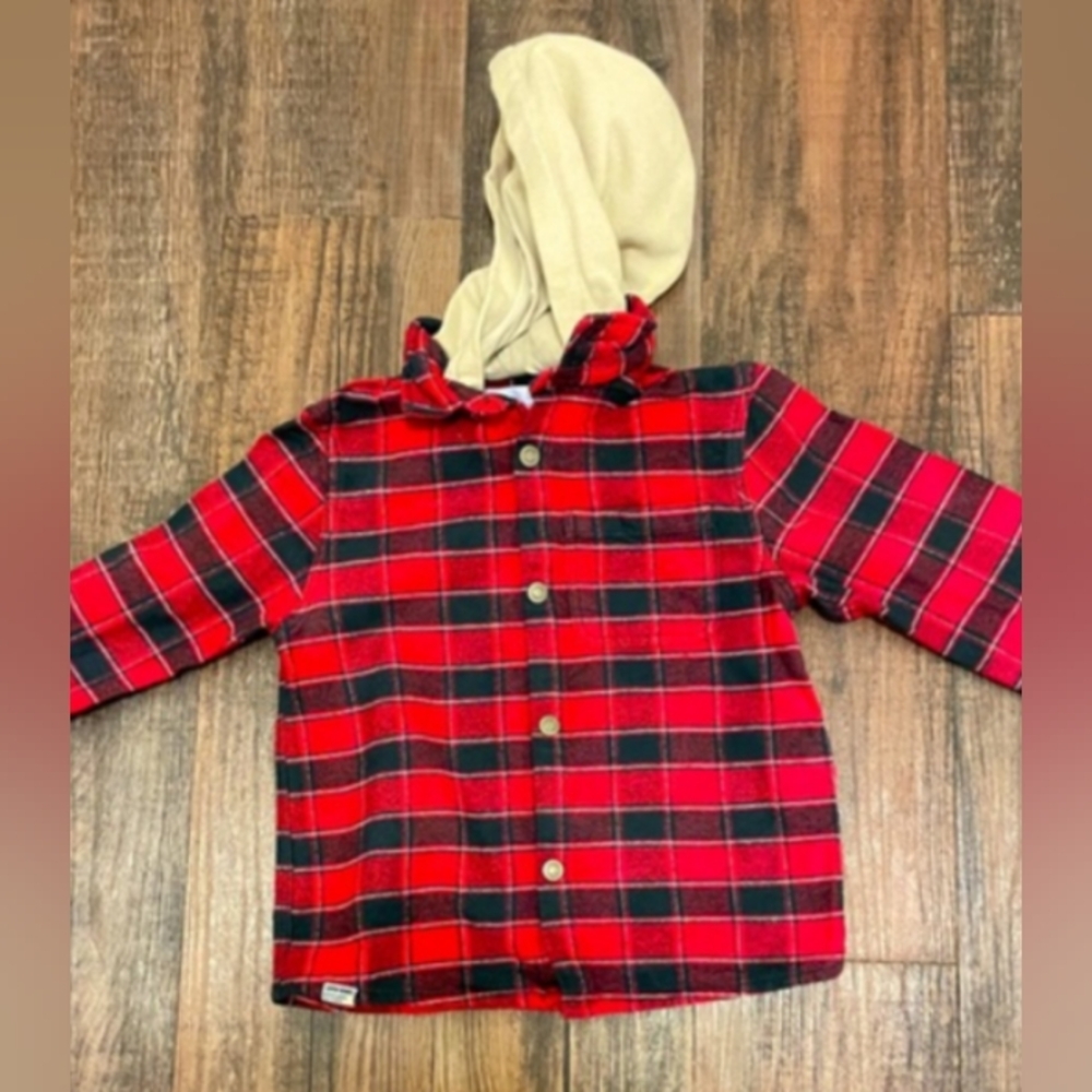 Zara Red and Black Plaid Hooded Button-Down Shirt
